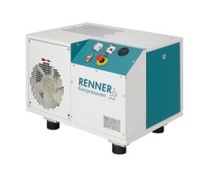 Kompresor śrubowy 5,5kW RENNER, wydajność przy 7,5bar: 0,83m3/min, sterownik RENNERtronic Touch, wymiary: 716x536x540mm, waga: 159kg, poziom hałasu: 75dB(A), przyłącze: 1/2″