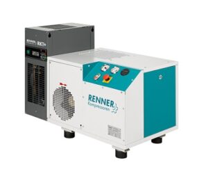 Kompresor śrubowy 5,5kW RENNER z osuszaczem ziębniczym, wydajność przy 7,5bar: 0,83m3/min, sterownik RENNERtronic Touch, przyłącze: 1/2″, poziom hałasu: 75dB(A), wymiary: 971x545x705mm, waga: 195kg