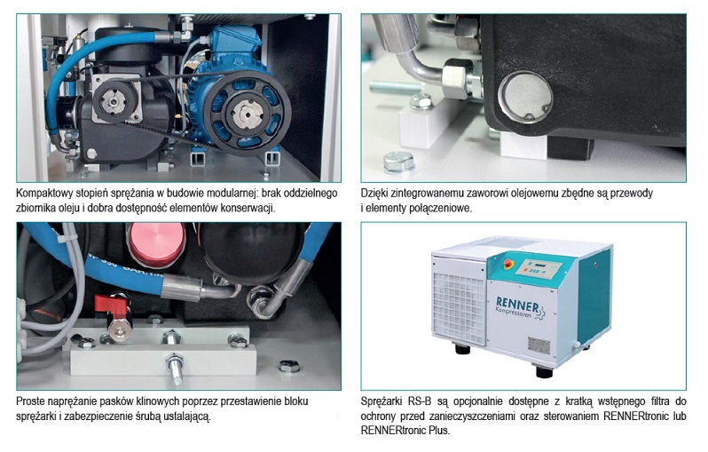 Kompresor śrubowy 5,5kW RENNER z osuszaczem ziębniczym, wydajność przy 10bar: 0,74m3/min, sterownik RENNERtronic Touch, przyłącze: 1/2″, poziom hałasu: 75dB(A), wymiary: 971x545x705mm, waga: 195kg Kompresor śrubowy 5,5kW RENNER z osuszaczem ziębniczym, wydajność przy 10bar: 0,74m3/min, sterownik RENNERtronic Touch, przyłącze: 1/2″, poziom hałasu: 75dB(A), wymiary: 971x545x705mm, waga: 195kg