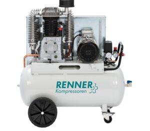 Kompresor olejowy, dwutłokowy, dwustopniowy, wydajność: 570l/min, ciśnienie max.: 11 bar, moc silnika: 4kW, zasilanie: 400V, pojeność zbiornika: 90l, wymiary: 1030x483x1100mm, waga: 128kg, poziom hałasu: 95dB(A)