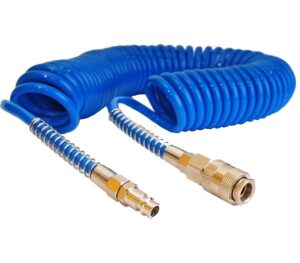 Przewód spiralny 10×6,5, długośc: 10m, zakuty: szybkozłącze + króciec NW7.2, niebieski Przewód spiralny 10×6,5, długośc: 10m, zakuty: szybkozłącze + króciec NW7.2, niebieski