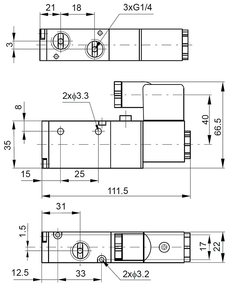 Elektrozawór 3/2, NC, G1/4, 12V DC Elektrozawór 3/2, NC, G1/4, 12V DC