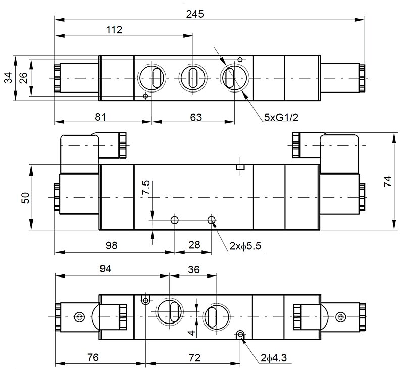 Elektrozawór 5/3, G1/2, w położeniu środkowym odpowietrzony, 12V DC Elektrozawór 5/3, G1/2, w położeniu środkowym odpowietrzony, 12V DC