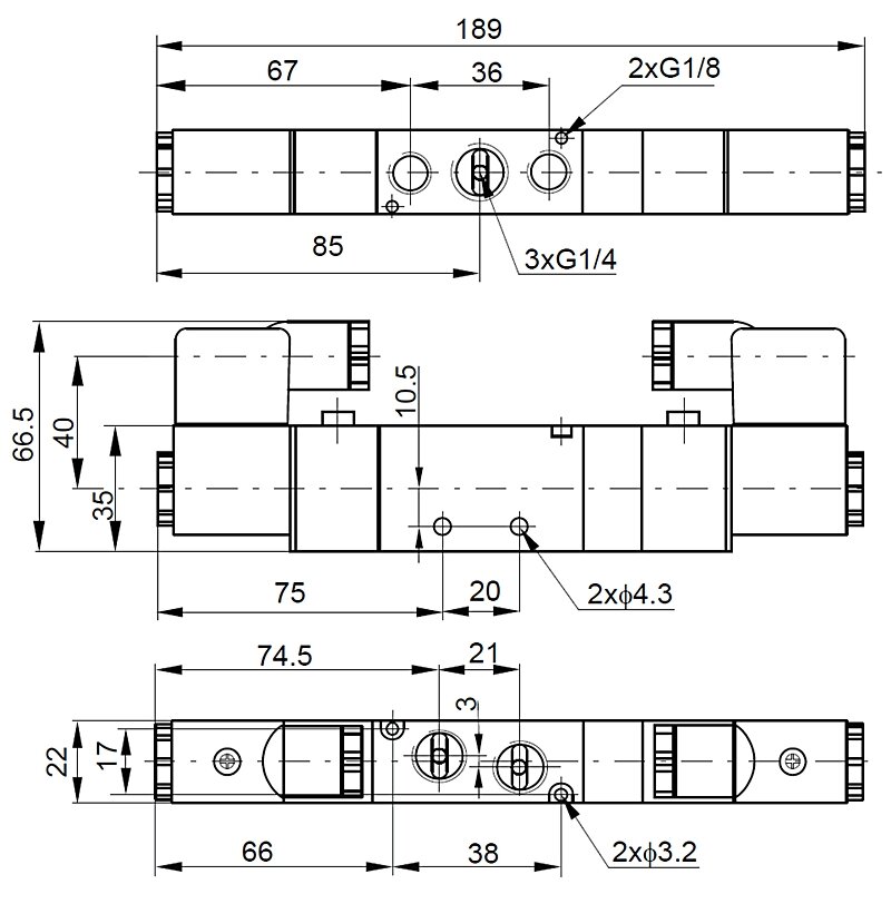 Elektrozawór 5/3, G1/4, w położeniu środkowym odpowietrzony, 12V DC Elektrozawór 5/3, G1/4, w położeniu środkowym odpowietrzony, 12V DC