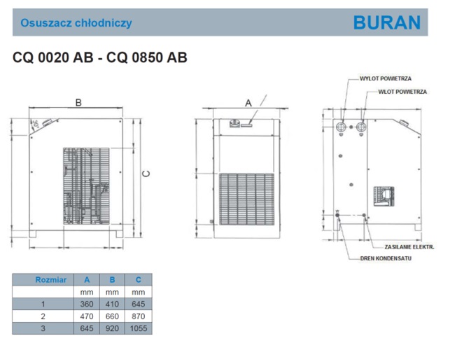 Osuszacz ziębniczy CQ0180AB, przepływ przy 7bar: 3,00m3/min, przyłącze: 11/4″, wymiary: 470x660x870mm, waga: 55kg Osuszacz ziębniczy CQ0180AB, przepływ przy 7bar: 3,00m3/min, przyłącze: 11/4″, wymiary: 470x660x870mm, waga: 55kg