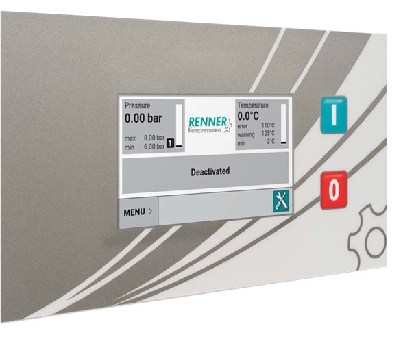 Kompresor spiralny bezolejowy 2,2kW RENNER, sterownik RENNERtronic Touch, wydajność przy 10bar: 205l/min, wymiary: 835x595x935mm, waga: 136kg, przyłącze: 1/2″, poziom hałasu: 65dB(A), zailanie 400V Kompresor spiralny bezolejowy 2,2kW RENNER, sterownik RENNERtronic Touch, wydajność przy 10bar: 205l/min, wymiary: 835x595x935mm, waga: 136kg, przyłącze: 1/2″, poziom hałasu: 65dB(A), zailanie 400V