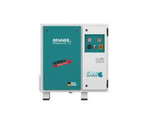 Kompresor spiralny bezolejowy 7,5kW RENNER, sterownik RENNERtronic Touch, wydajność przy 8bar: 890l/min, wymiary: 835x595x935mm, waga: 195kg, przyłącze: 1/2″, poziom hałasu: 69dB(A), zailanie 400V